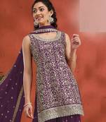 Purple embroidered georgette stitched palazzo style salwar suit