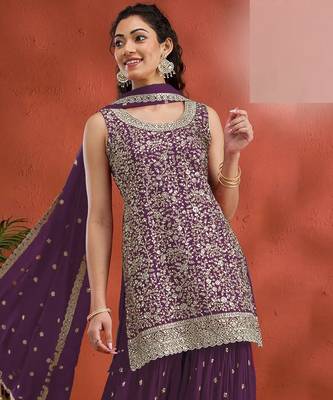 Purple embroidered georgette stitched palazzo style salwar suit 2
