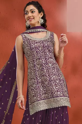 Purple embroidered georgette stitched palazzo style salwar suit