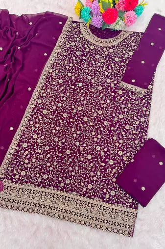 Purple embroidered georgette stitched palazzo style salwar suit