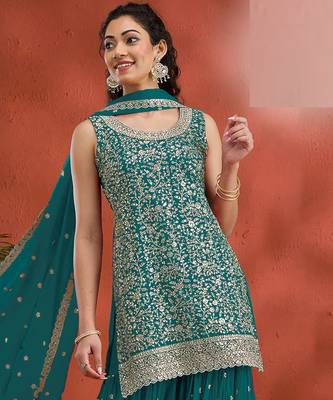 Sky embroidered georgette stitched palazzo style salwar suit 1
