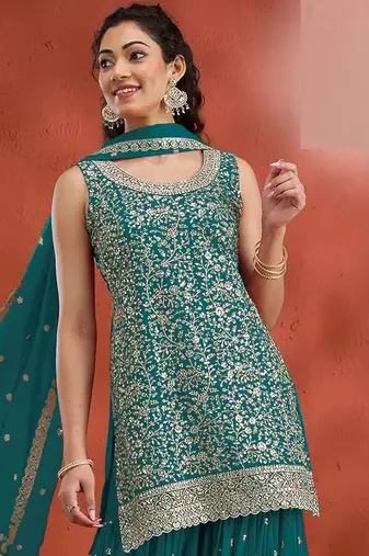 Sky embroidered georgette semi-stitched palazzo style salwar suit