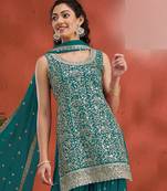 Sky embroidered georgette stitched palazzo style salwar suit