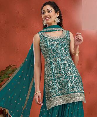 Sky embroidered georgette stitched palazzo style salwar suit 2