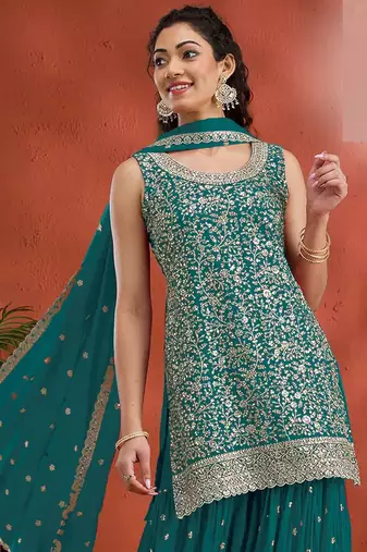 Sky embroidered georgette stitched palazzo style salwar suit