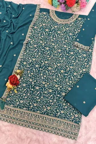 Sky embroidered georgette stitched palazzo style salwar suit