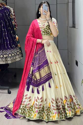 Purple Color Rich Embroidery Work Cotton Lehenga With Fully Stitched Blouse