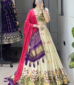 Purple Color Rich Embroidery Work Cotton Lehenga With Fully Stitched Blouse