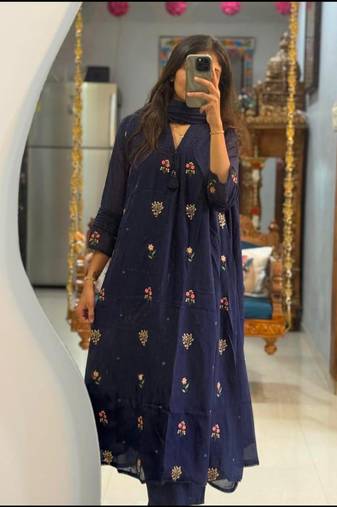 Floral embroidered blue v neck pure cotton kurta with trouser & dupatta set