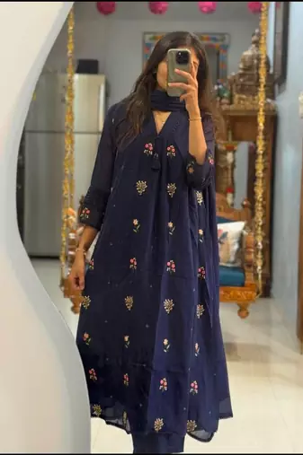 Floral embroidered blue v neck pure cotton kurta with trouser & dupatta set