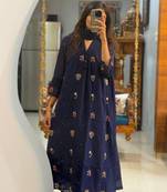 Floral embroidered blue v neck pure cotton kurta with trouser & dupatta set