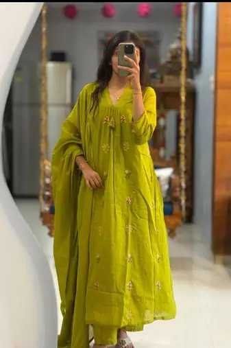 Floral embroidered green v neck pure cotton kurta with trouser & dupatta set