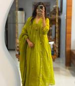 Floral embroidered green v neck pure cotton kurta with trouser & dupatta set