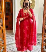 Floral embroidered pink v neck pure cotton kurta with trouser & dupatta set