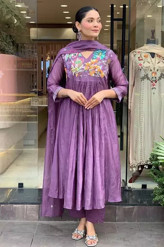 Floral embroidered purple v neck pure cotton kurta with trouser & dupatta set