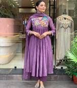 Floral embroidered purple v neck pure cotton kurta with trouser & dupatta set