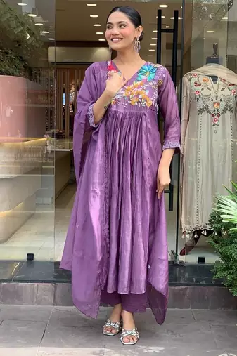 Floral embroidered purple v neck  cotton kurta with trouser & dupatta set