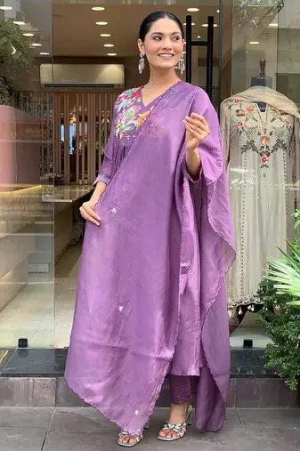 Floral embroidered purple v neck  cotton kurta with trouser & dupatta set