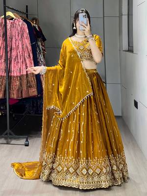 Mustard Color  Beads Embroidery Work With Sequence Fendy Satin Lehenga With Un-Stitched Blouse 1