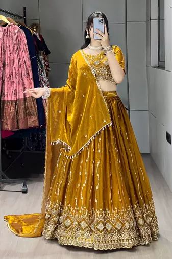 Mustard Color  Beads Embroidery Work With Sequence Fendy Satin Lehenga With Un-Stitched Blouse