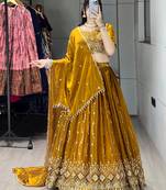Mustard Color  Beads Embroidery Work With Sequence Fendy Satin Lehenga With Un-Stitched Blouse