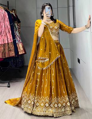 Mustard Color  Beads Embroidery Work With Sequence Fendy Satin Lehenga With Un-Stitched Blouse 3
