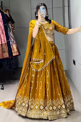 Mustard Color  Beads Embroidery Work With Sequence Fendy Satin Lehenga With Un-Stitched Blouse