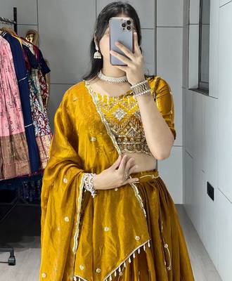 Mustard Color  Beads Embroidery Work With Sequence Fendy Satin Lehenga With Un-Stitched Blouse 4