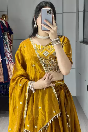 Mustard Color  Beads Embroidery Work With Sequence Fendy Satin Lehenga With Un-Stitched Blouse