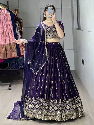 Purple Color  Beads Embroidery Work With Sequence Fendy Satin Lehenga With Un-Stitched Blouse 1