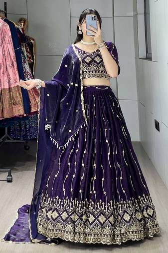 Purple Color  Beads Embroidery Work With Sequence Fendy Satin Lehenga With Un-Stitched Blouse