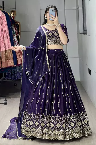 Purple Color  Beads Embroidery Work With Sequence Fendy Satin Lehenga With Un-Stitched Blouse