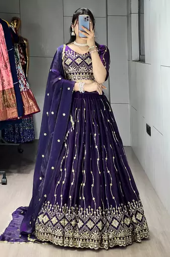 Purple Color  Beads Embroidery Work With Sequence Fendy Satin Lehenga With Un-Stitched Blouse