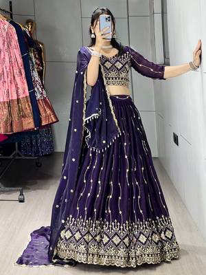 Purple Color  Beads Embroidery Work With Sequence Fendy Satin Lehenga With Un-Stitched Blouse 3