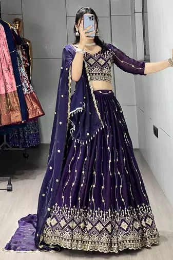 Purple Color  Beads Embroidery Work With Sequence Fendy Satin Lehenga With Un-Stitched Blouse
