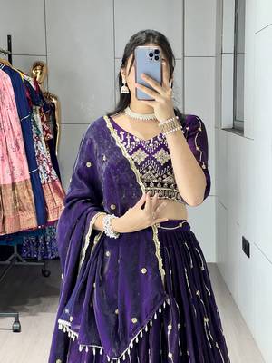 Purple Color  Beads Embroidery Work With Sequence Fendy Satin Lehenga With Un-Stitched Blouse 4