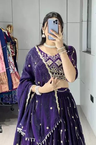 Purple Color  Beads Embroidery Work With Sequence Fendy Satin Lehenga With Un-Stitched Blouse