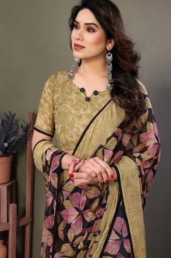 Gold Color Digital Printed Chiffon Saree