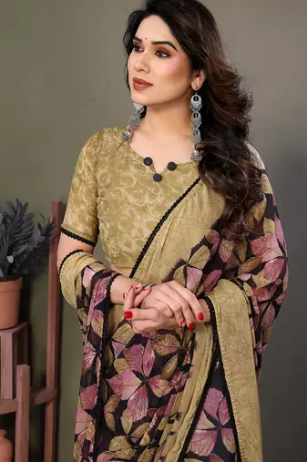 Gold Color Digital Printed Chiffon Saree