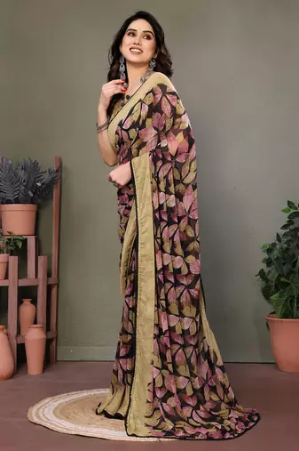 Gold Color Digital Printed Chiffon Saree