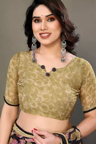 Gold Color Digital Printed Chiffon Saree