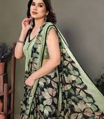 Green Color Digital Printed Chiffon Saree