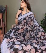 Grey Color Digital Printed Chiffon Saree