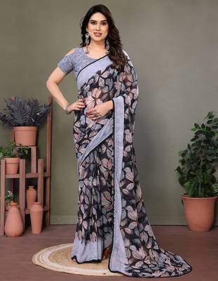 Grey Color Digital Printed Chiffon Saree 2