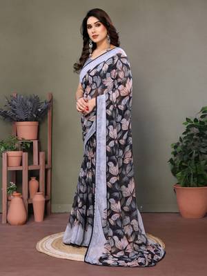 Grey Color Digital Printed Chiffon Saree 3