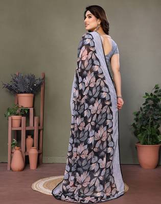 Grey Color Digital Printed Chiffon Saree 4