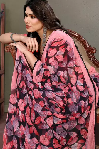 Pink Color Digital Printed Chiffon Saree