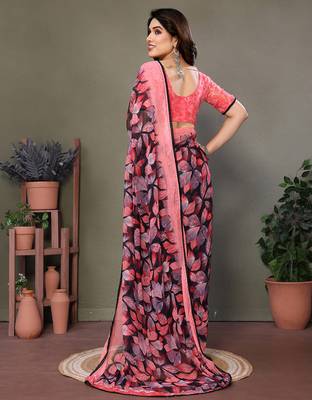 Pink Color Digital Printed Chiffon Saree 4
