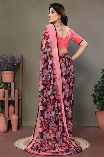 Pink Color Digital Printed Chiffon Saree