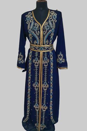 Navy Blue color luxurious Handmade Moroccan Kaftan with hijjab